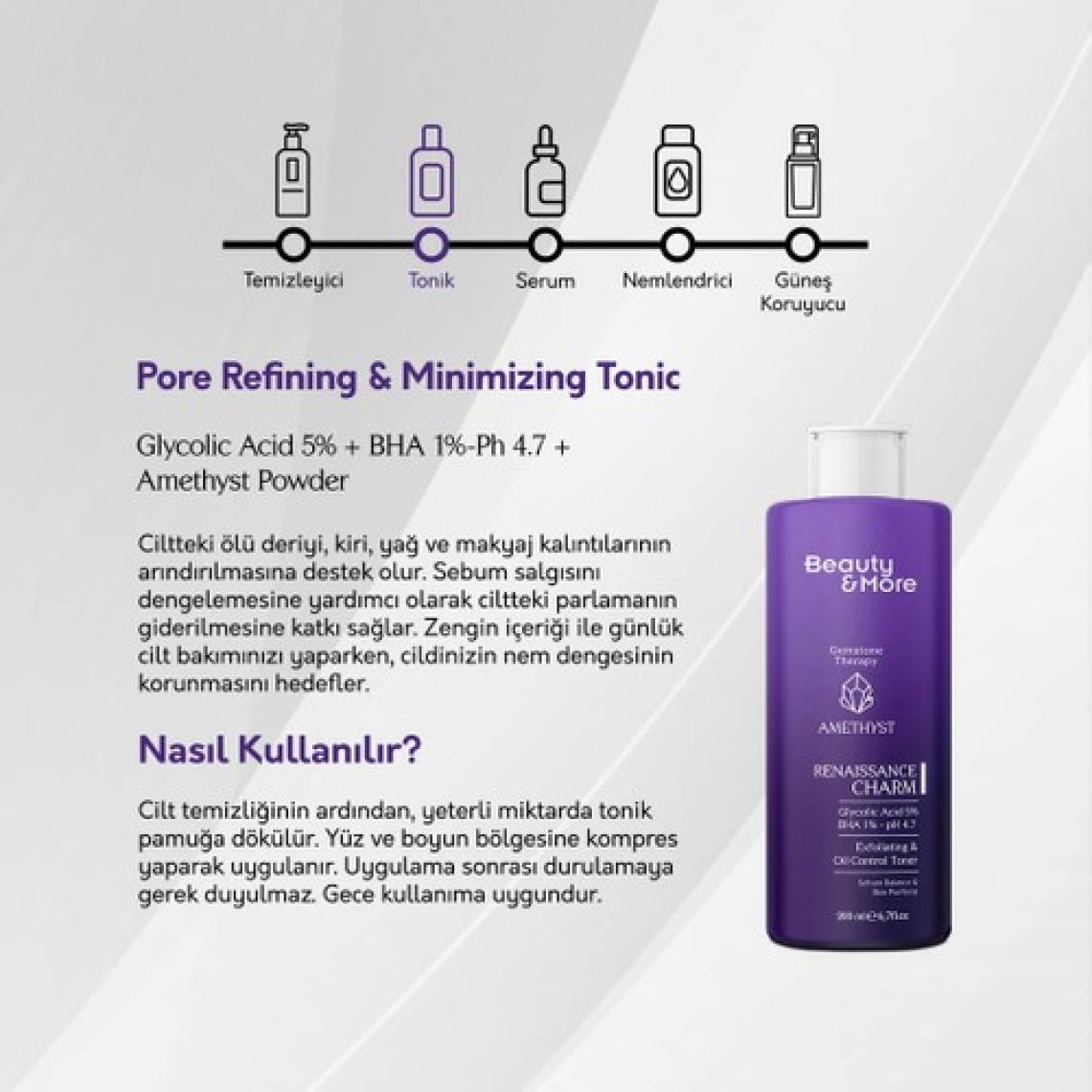 Beauty&More Ametist Renaissance Charm Tonik 200 ml 
Glycolic Acid 5% + BHA 1%-Ph 4.7+ Ametist Powder