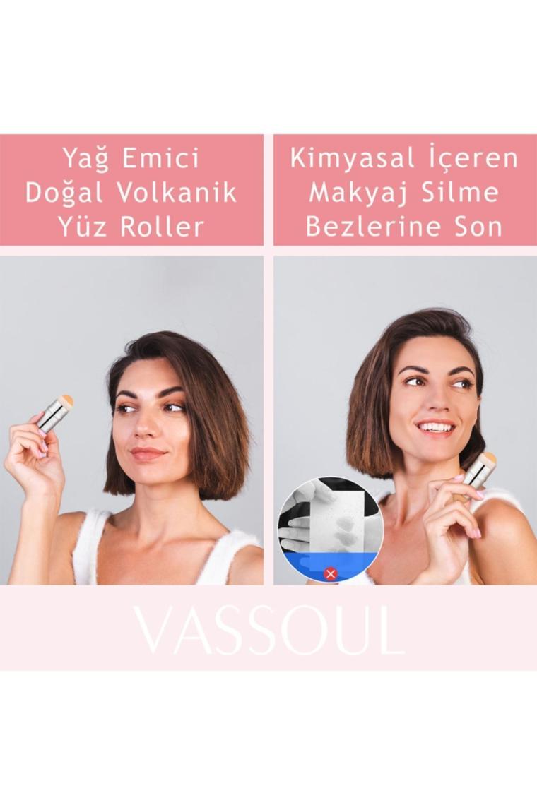 Vassoul Volkanik Taş Yüz Roller, Yağ Emici, Cilt Matlaştırıcı Lav Taş + Makyaj Süngeri