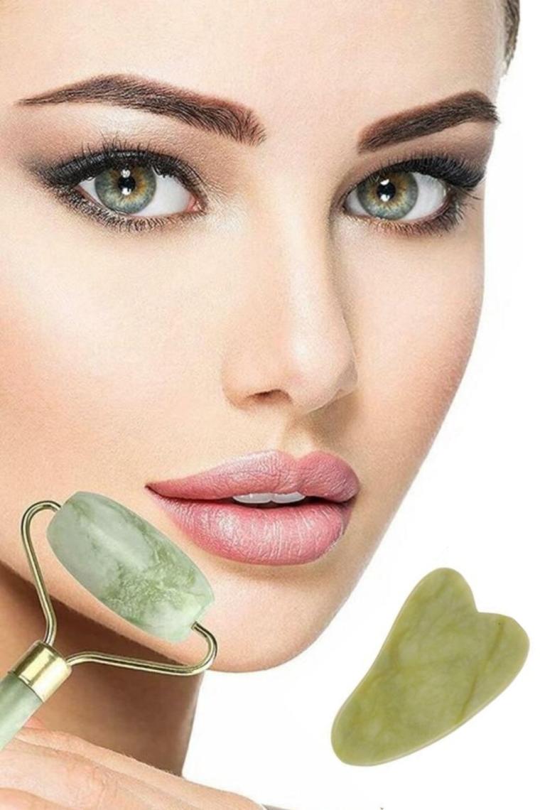 Çift Taraflı  Cilt Yüz Masaj Aleti Jade Roller Yeşim Taşı Seti 2'li