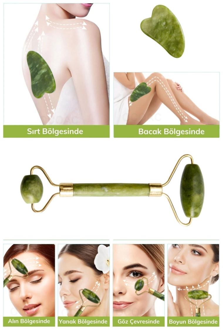 Çift Taraflı  Cilt Yüz Masaj Aleti Jade Roller Yeşim Taşı Seti 2'li