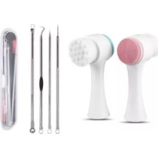 Lusso Cosmetic 4lü Paslanmaz Siyah Nokta ve Temizleyici Komedon + Cilt Temizleme Fırçası