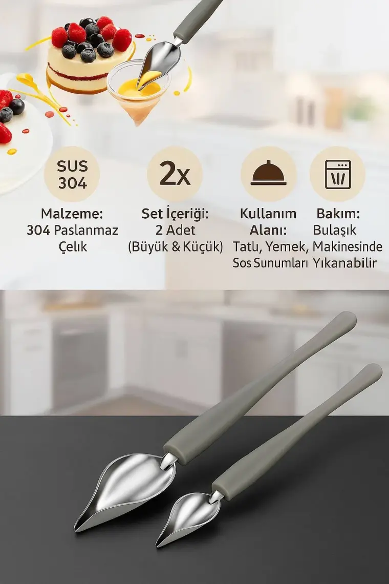 Chavin 304 Paslanmaz Çelik 2 Adet Tatlı Yemek Sos Tabak Süsleme Kaşığı CIN780