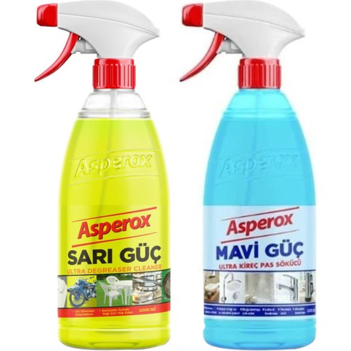Asperox Mavi Güç Ultra Kireç ve Pas Sökücü 1000 ml x Asperox Sarı Güç Ultra Yağ Çözücü 1 Lt Sprey