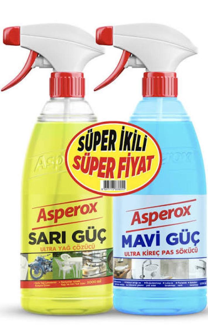 Asperox Mavi Güç Ultra Kireç ve Pas Sökücü 1000 ml x Asperox Sarı Güç Ultra Yağ Çözücü 1 Lt Sprey