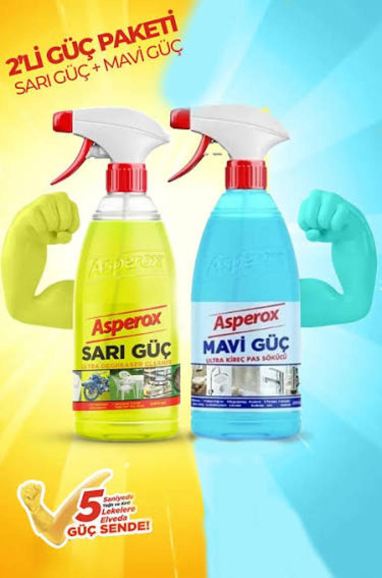 Asperox Mavi Güç Ultra Kireç ve Pas Sökücü 1000 ml x Asperox Sarı Güç Ultra Yağ Çözücü 1 Lt Sprey