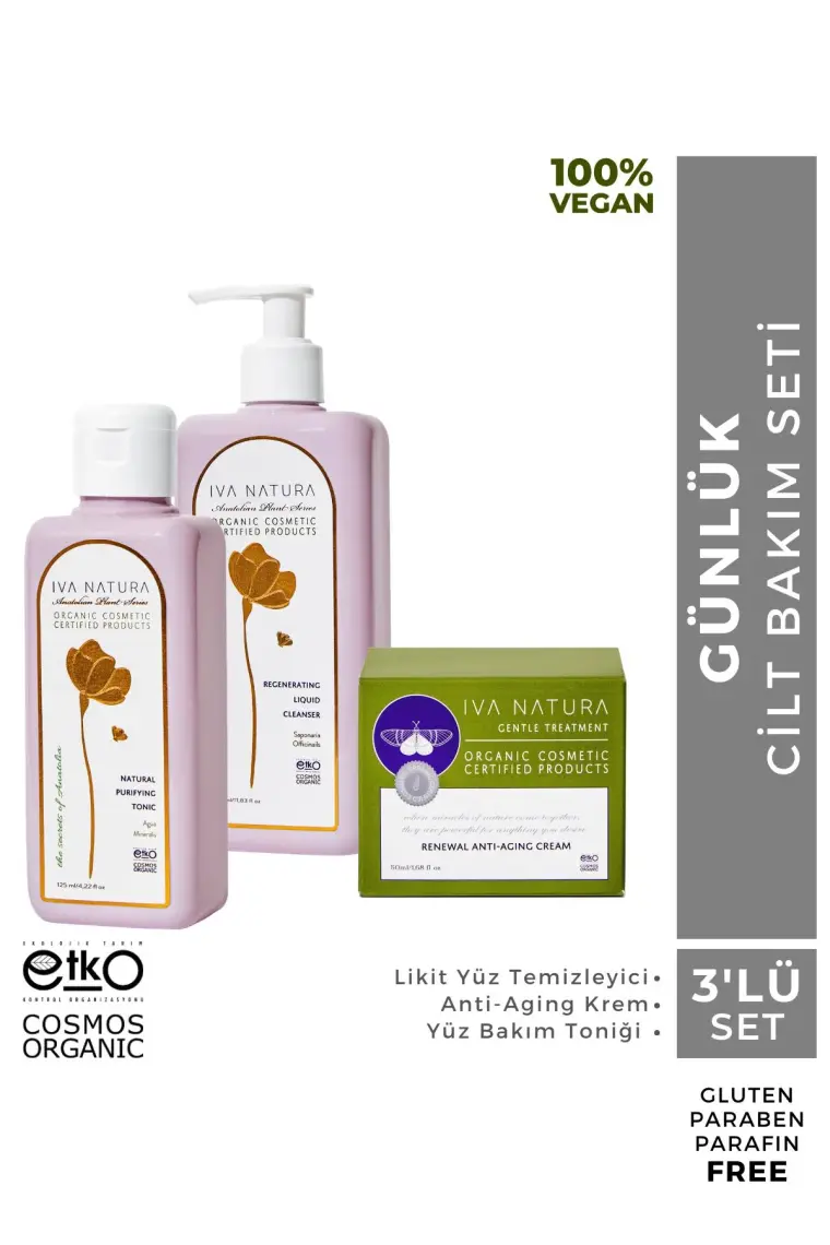 Iva Natura 3'lü Set - Likit Yüz Temizleyici, Anti-Aging Krem ve Yüz Bakım Toniği