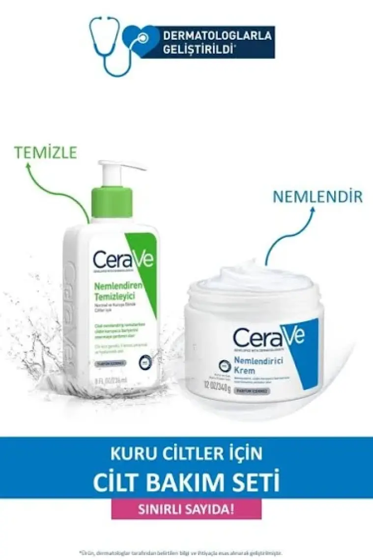 CeraVe Kuru Ciltler Için Cilt Bakım Seti; Nemlendiren Temizleyici 236 ml Nemlendirici Krem Kavanoz 340 G