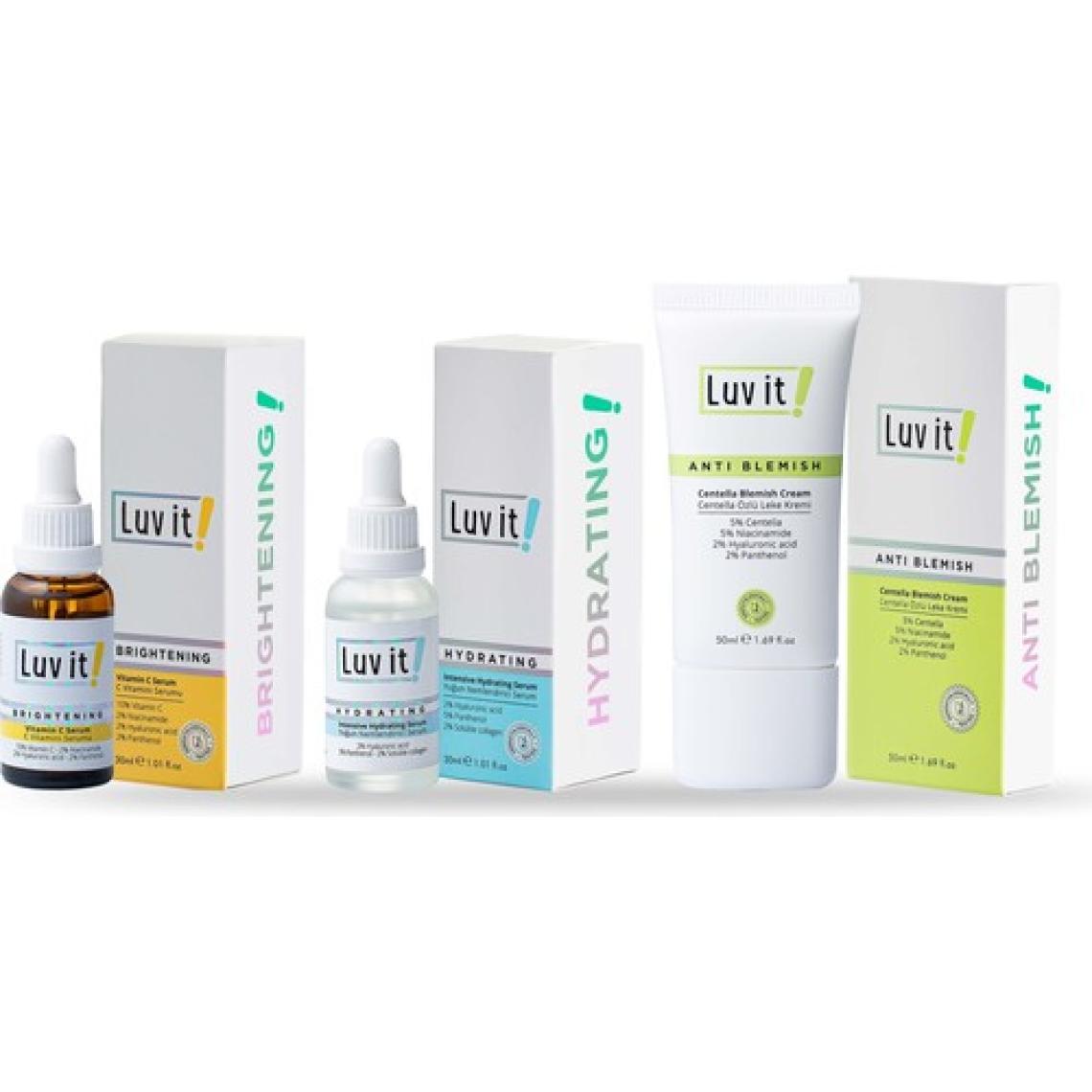 Luv it! Yoğun Nemlendirici Serum + C Vitamini Serumu + Centella Özlü Leke Kremi (3'lü Cilt Bakım Seti)