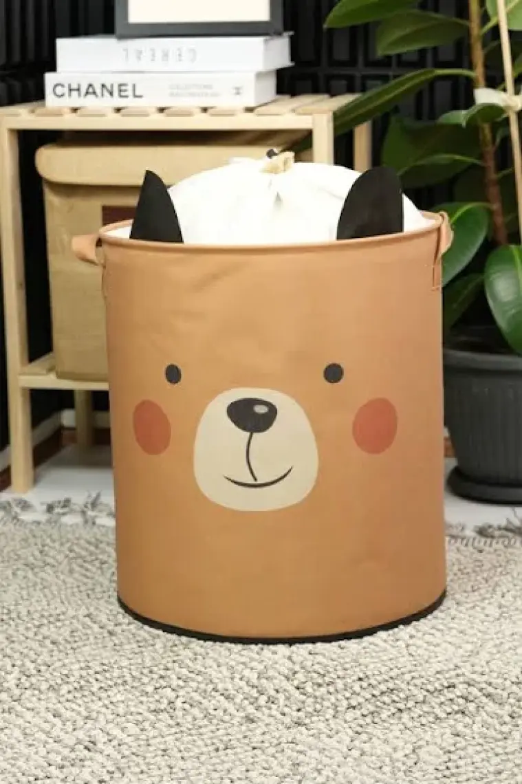 Prendi Home Bear Tasarımlı Ağzı Büzgülü Bebek Çocuk Odası Düzenleyici Saklama Kutusu Oyuncak Kirli Sepeti 37X40