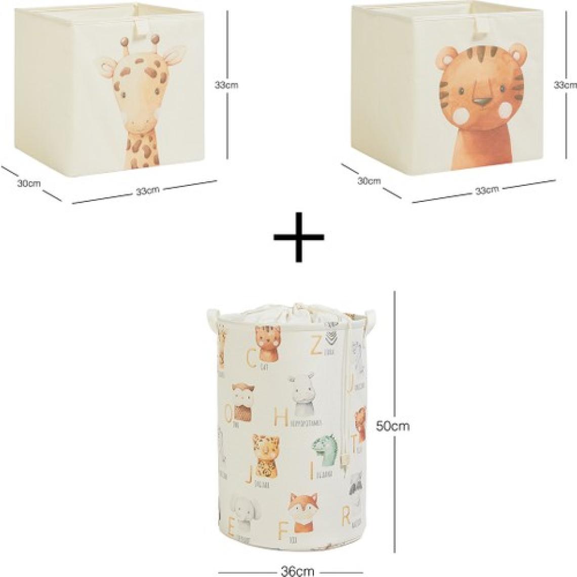 Ocean Home Textile 3'lü Çocuk Odası Sevimli Hayvanlar Kutu Sepet Set 2 Adet 33 x 30 x 33 / 1 Adet 36 x 50 cm