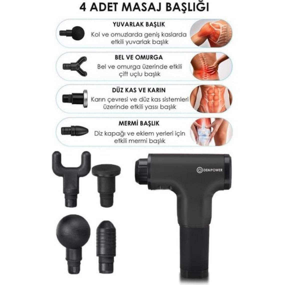 DEMPOWER Titreşimli Masaj Tabancası 4 Başlıklı Siyah