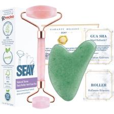 Seay Pembe Kuvars Face Roller Ve Aventurin Kalp Gua Sha Yüz Masaj Aleti Seti Doğaltaş Sertifikalı
