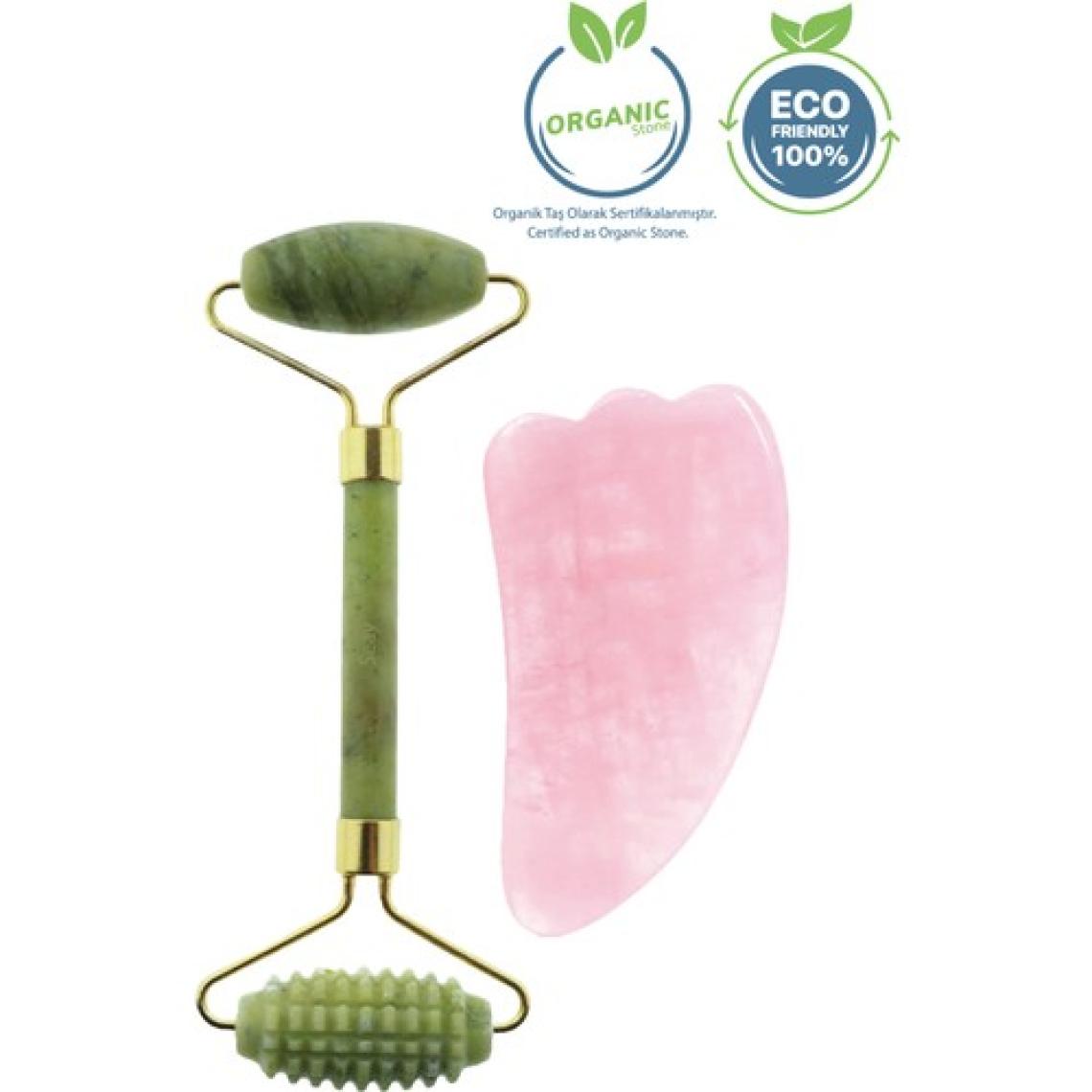 Seay Yeşim Taşı Tırtıklı Face Roller Ve Pembe Kuvars Gua Sha Yüz Masaj Aleti Seti Doğal Taş Sertifikalı