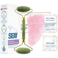 Seay Yeşim Taşı Tırtıklı Face Roller Ve Pembe Kuvars Gua Sha Yüz Masaj Aleti Seti Doğal Taş Sertifikalı