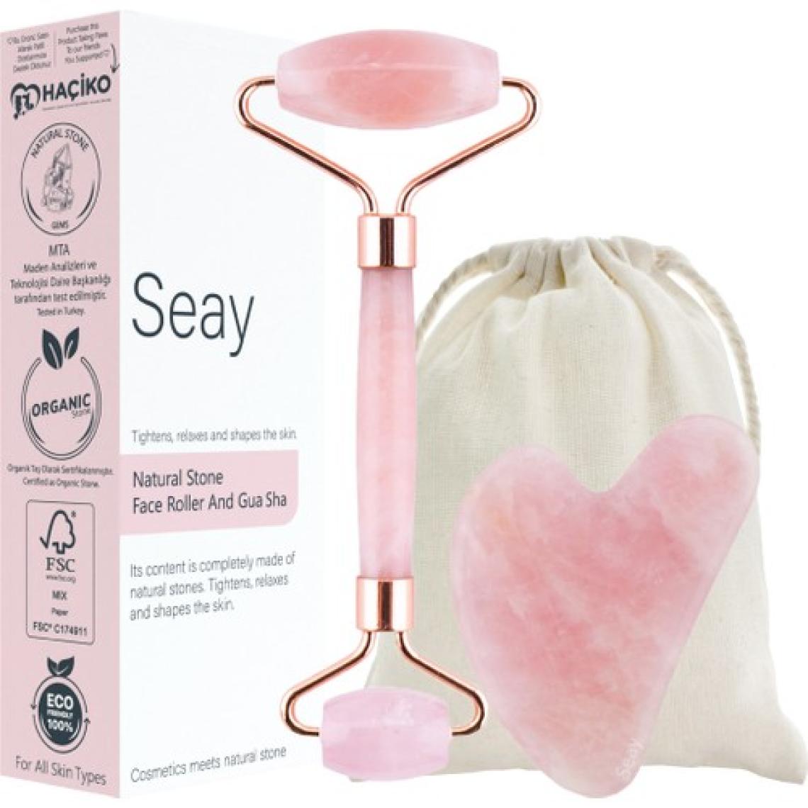 Seay Pembe Kuvars Roller Ve Pembe Kalp Gua Sha Yüz Masaj Aleti Seti Keseli Değerli Doğal Taş Sertifikalı