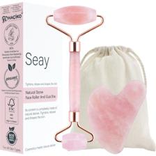Seay Pembe Kuvars Roller Ve Pembe Kalp Gua Sha Yüz Masaj Aleti Seti Keseli Değerli Doğal Taş Sertifikalı