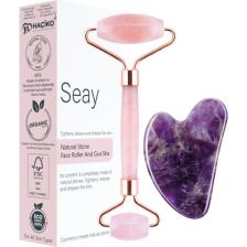 Seay Pembe Kuvars Face Roller Ve Ametist Kalp Gua Sha Yüz Masaj Aleti Seti Değerli Doğaltaş Sertifikalı