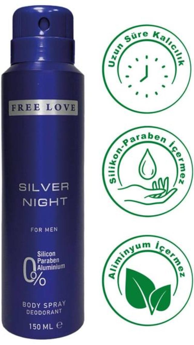 Free Love Silver Night Edp Erkek Parfüm 100 ml ve Deodorant 150 ml 3 Adet
