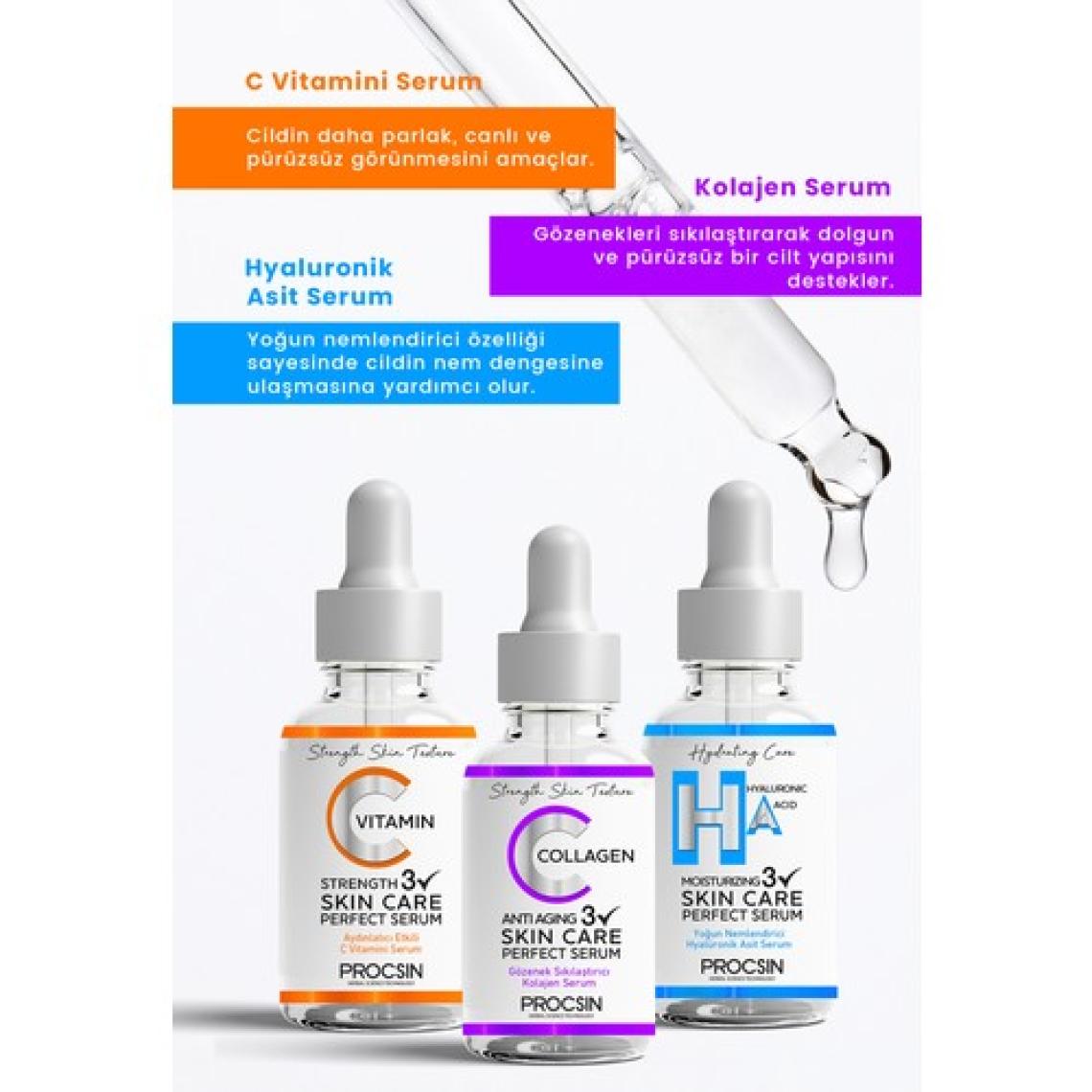 PROCSIN Üçlü Serum Paketi (C Vitamini - Kolajen - Hyaluronik Asit Serumu)