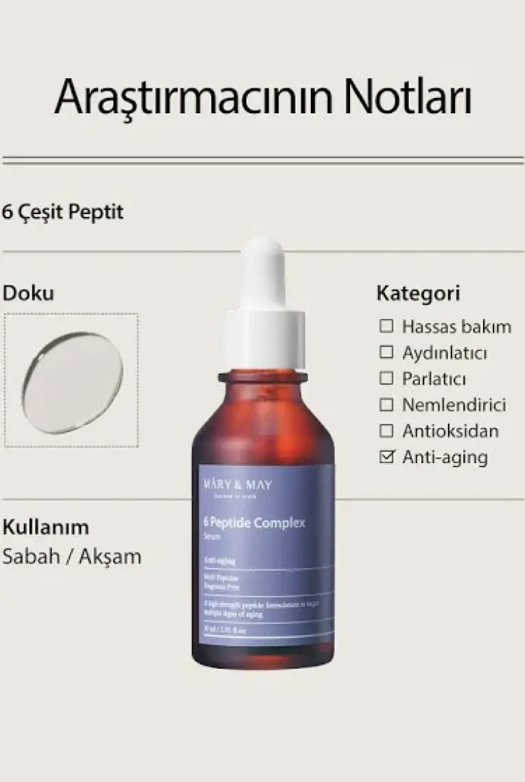 Mary & May Peptide Serum 6 Çeşit Peptid Içeren Elastikiyet Kaybı Ve   Anti Aging Serum 30 Ml