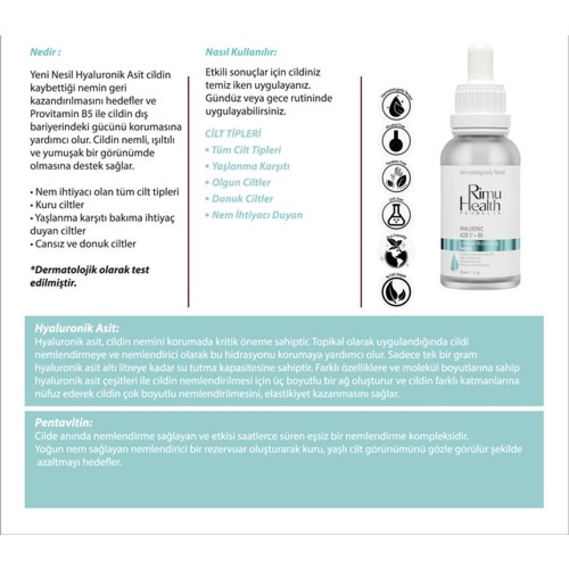 Rimu Health Products Tüm Cilt Tipleri Için Parfümsüz Yoğun Nemlendirici Serum Hyaluronic Acid 2% B5