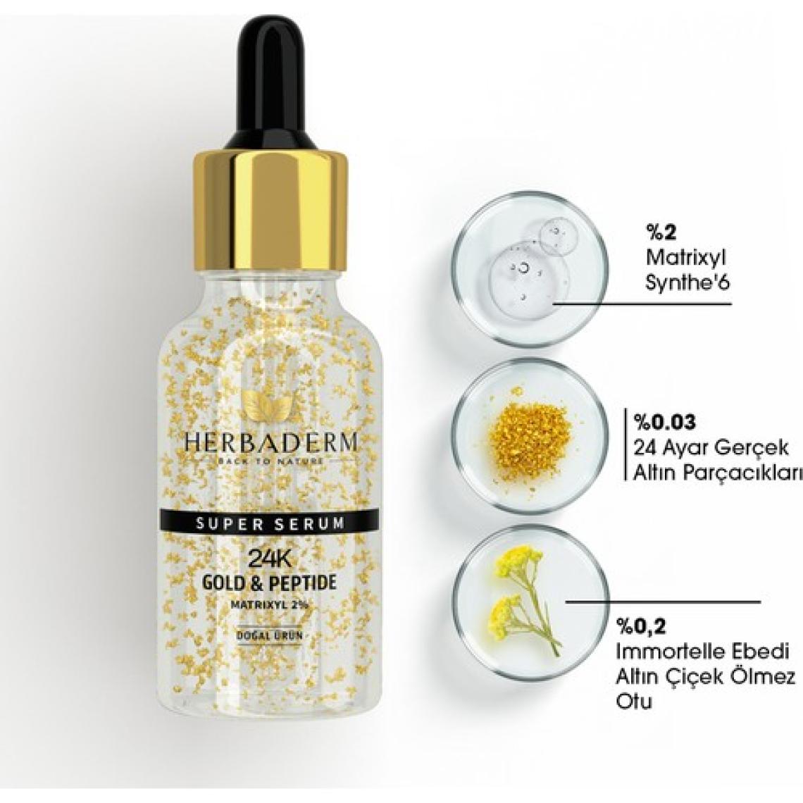 Herbaderm Süper Serum (24K Gold&Peptide Matrixyl %2) Mimik ve Kaz Ayağı Karşıtı 30 Ml