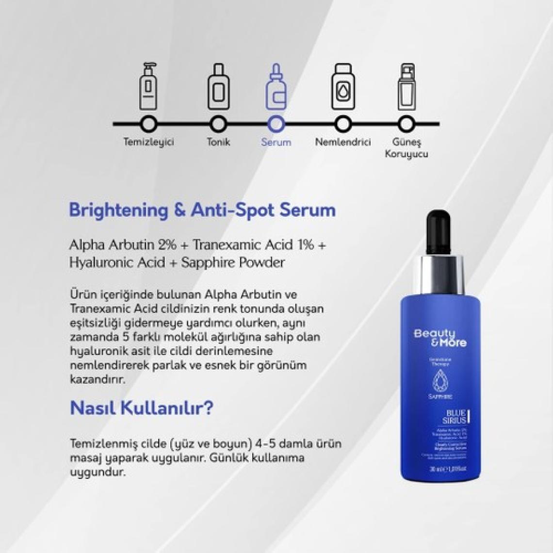 Beauty&More Safir Blue Sirius Aydınlatıcı & Leke Karşıtı Serum 30 ml
 Alpha Arbutin 2% + Tranexamic Acid 1% + Hyaluronic Acid + Safir Powder