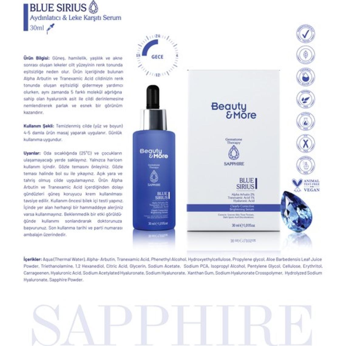Beauty&More Safir Blue Sirius Aydınlatıcı & Leke Karşıtı Serum 30 ml
 Alpha Arbutin 2% + Tranexamic Acid 1% + Hyaluronic Acid + Safir Powder