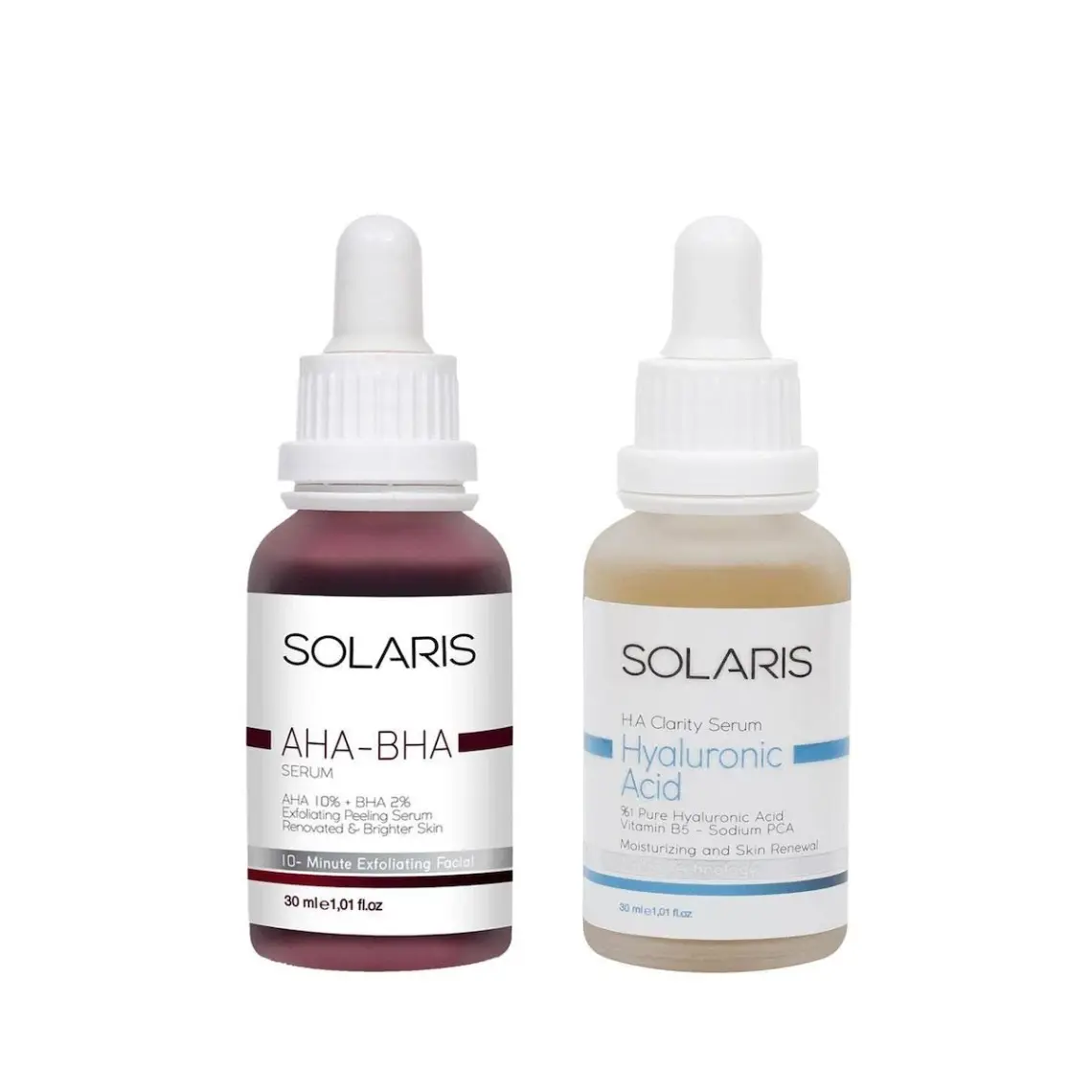 Solaris Cilt Tonu Eşitleyici Canlandırıcı Aha %10 + Bha %2 Serum 30 ml ve Hyaluronik Asit Serum Nemlendirici 30 ml
