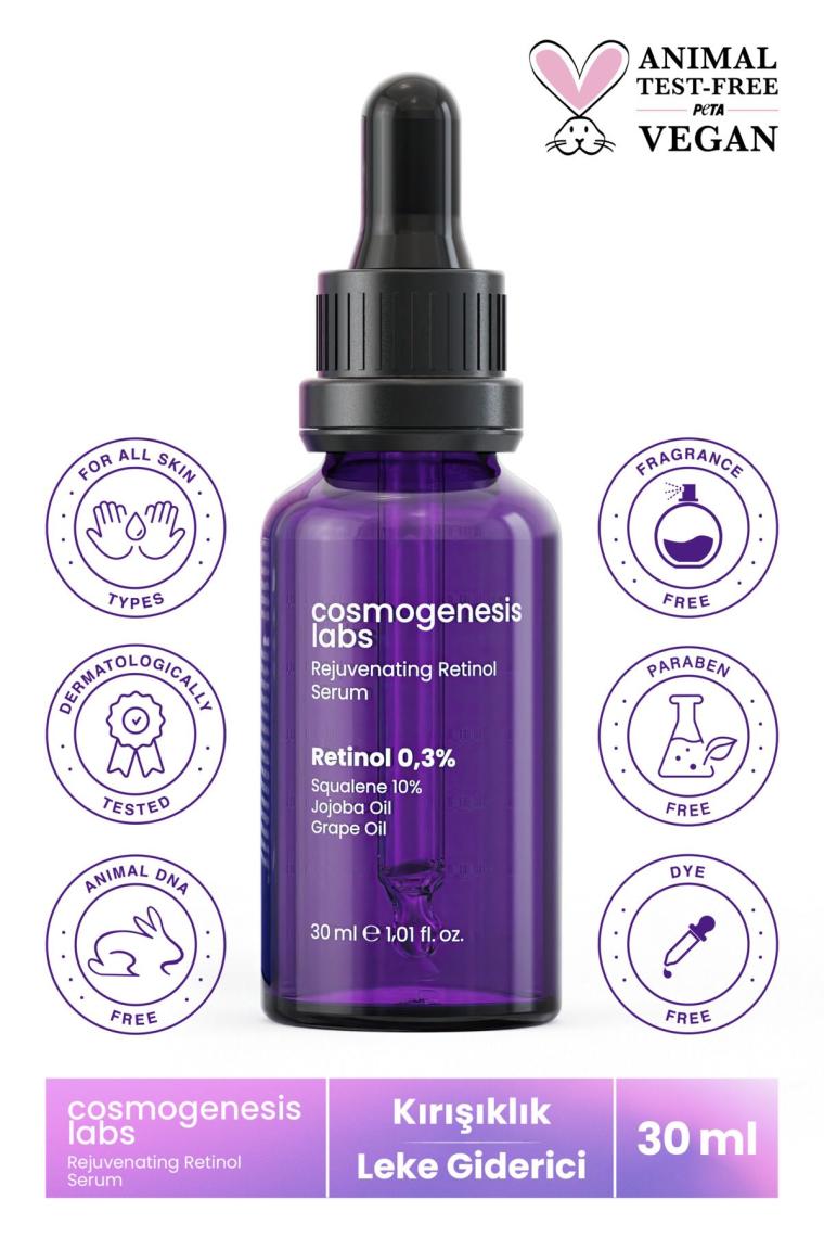 Kırışıklık Karşıtı Retinol Serum 30ml Vegan Canlandırıcı Leke Giderici Esnek Görünüm (%0.3 Retinol)