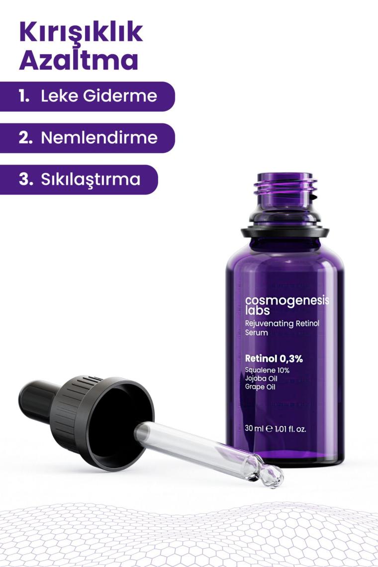 Kırışıklık Karşıtı Retinol Serum 30ml Vegan Canlandırıcı Leke Giderici Esnek Görünüm (%0.3 Retinol)