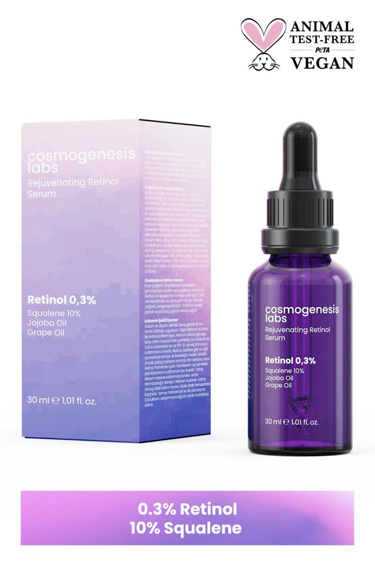 Kırışıklık Karşıtı Retinol Serum 30ml Vegan Canlandırıcı Leke Giderici Esnek Görünüm (%0.3 Retinol)