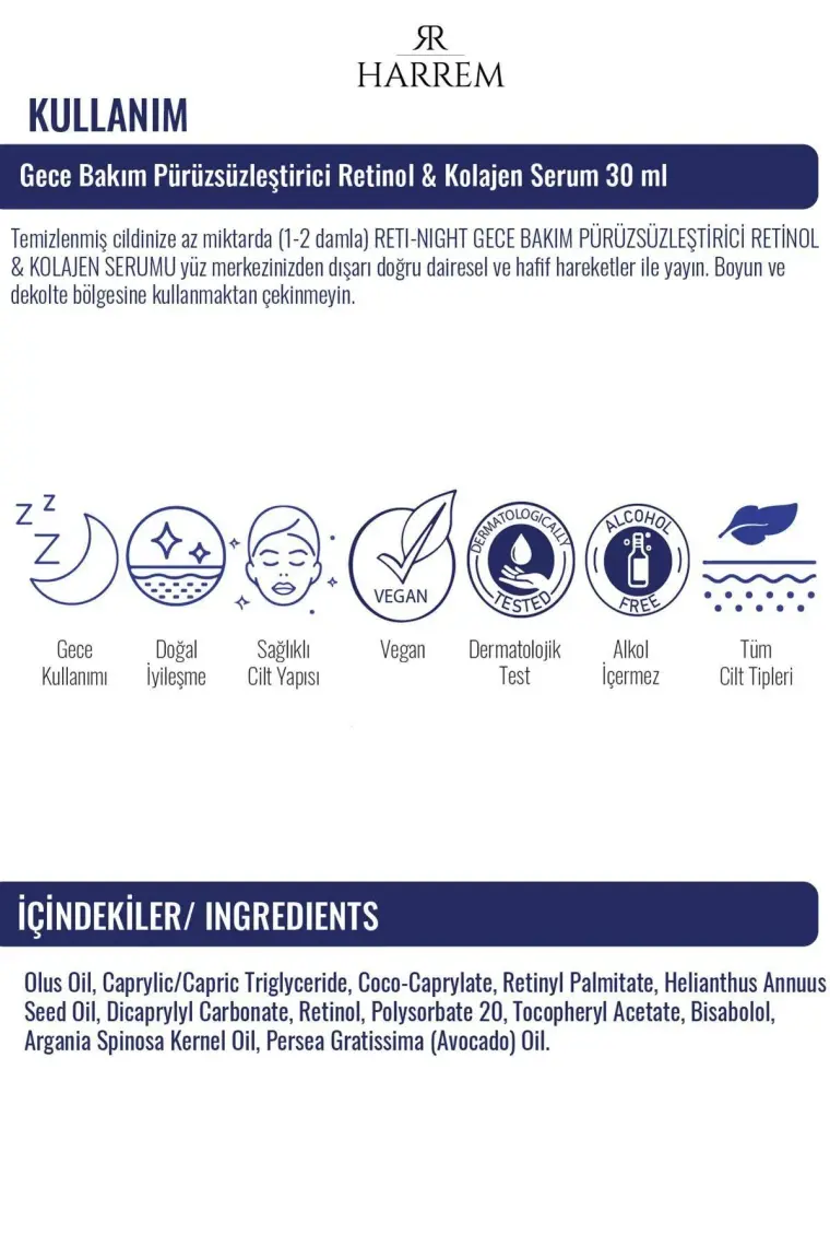 Harrem Reti-Night Serum Yaşlanma Karşıtı Dolgunlaştırıcı Retinol & Kolajen Serum 30 ml