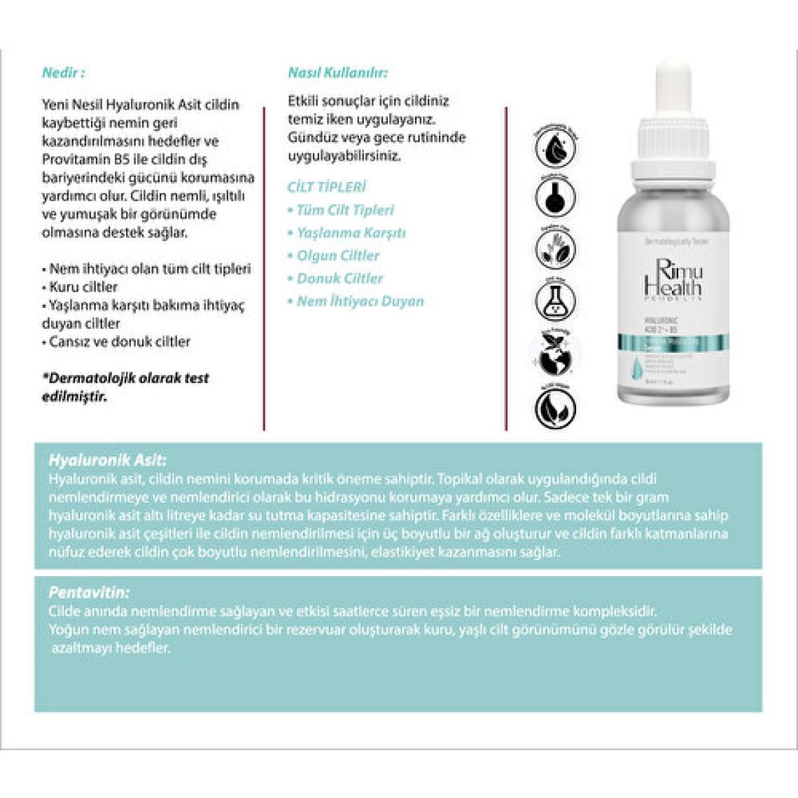 Rimu Health Products Tüm Cilt Tipleri Için Parfümsüz Yoğun Nemlendirici Serum Hyaluronic Acid 2% B5