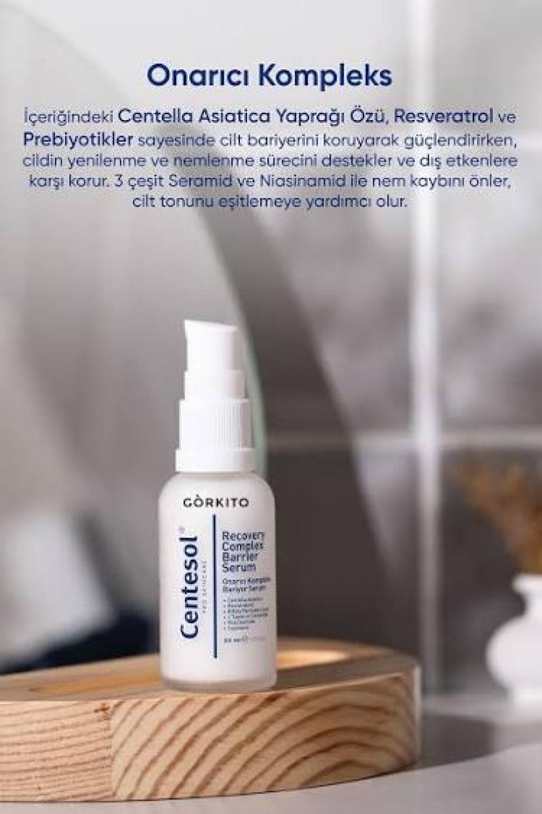 Görkito Centesol Onarıcı Kompleks Bariyer Güçlendirici Nemlendirici Serum 30 ml (Resveratrol, Prebiyotik, Seramidler, Niacinamide, Squalane)
