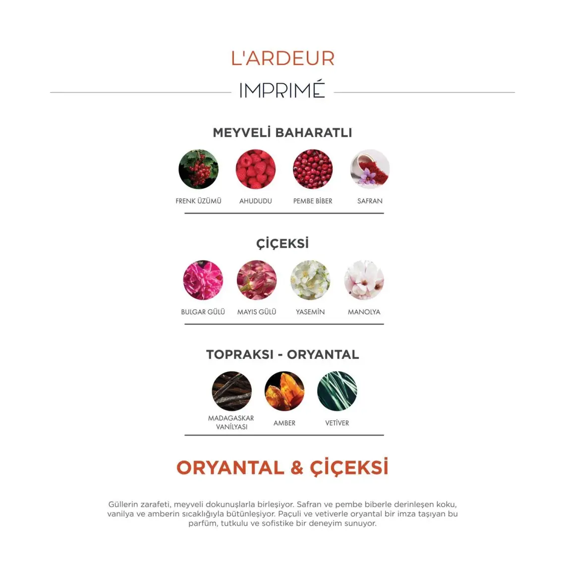 Imprimé L'ardeur EDP Unisex Parfüm 100 ml | Oryantal Çiçeksi | Ahududu, Safran, Gül, Manolya, Amber, Vetiver