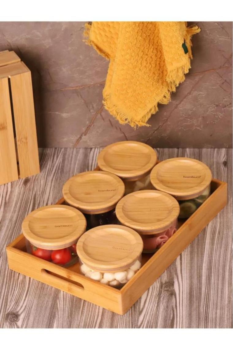 Duo 300ml 6'lı Bambu Tepsili Bambu Vakumlu Kapaklı Cam Kahvaltılık