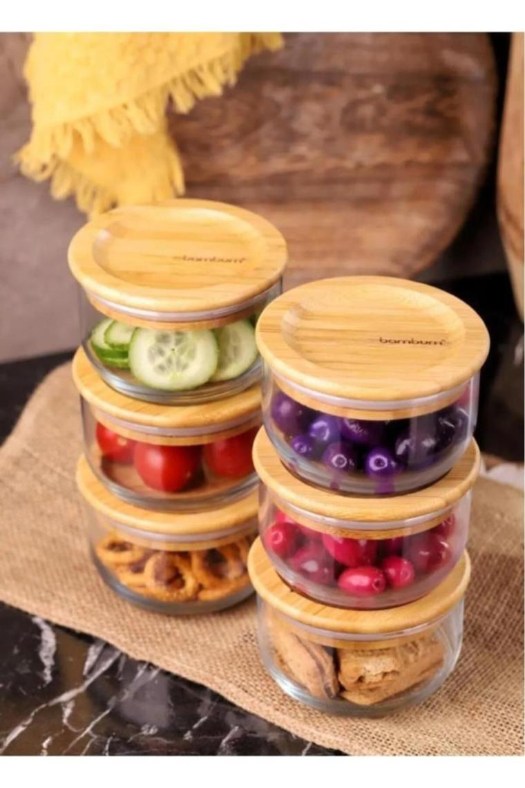 Duo 300ml 6'lı Bambu Tepsili Bambu Vakumlu Kapaklı Cam Kahvaltılık