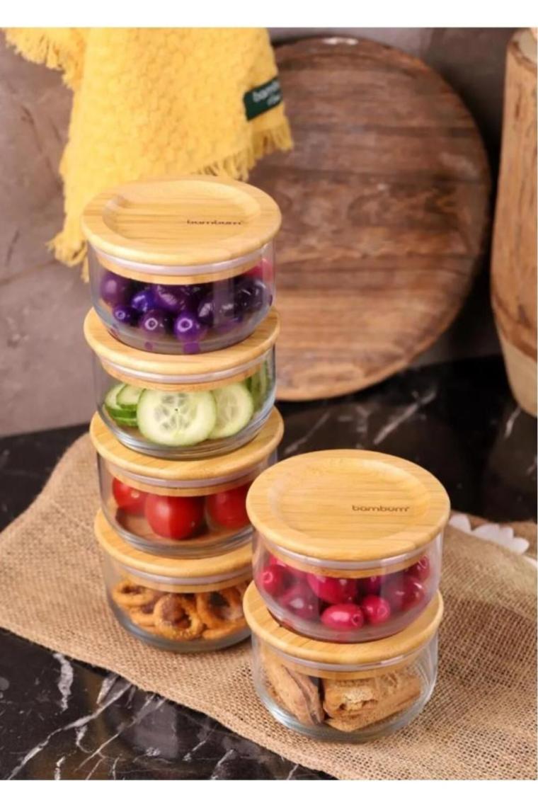 Duo 300ml 6'lı Bambu Tepsili Bambu Vakumlu Kapaklı Cam Kahvaltılık