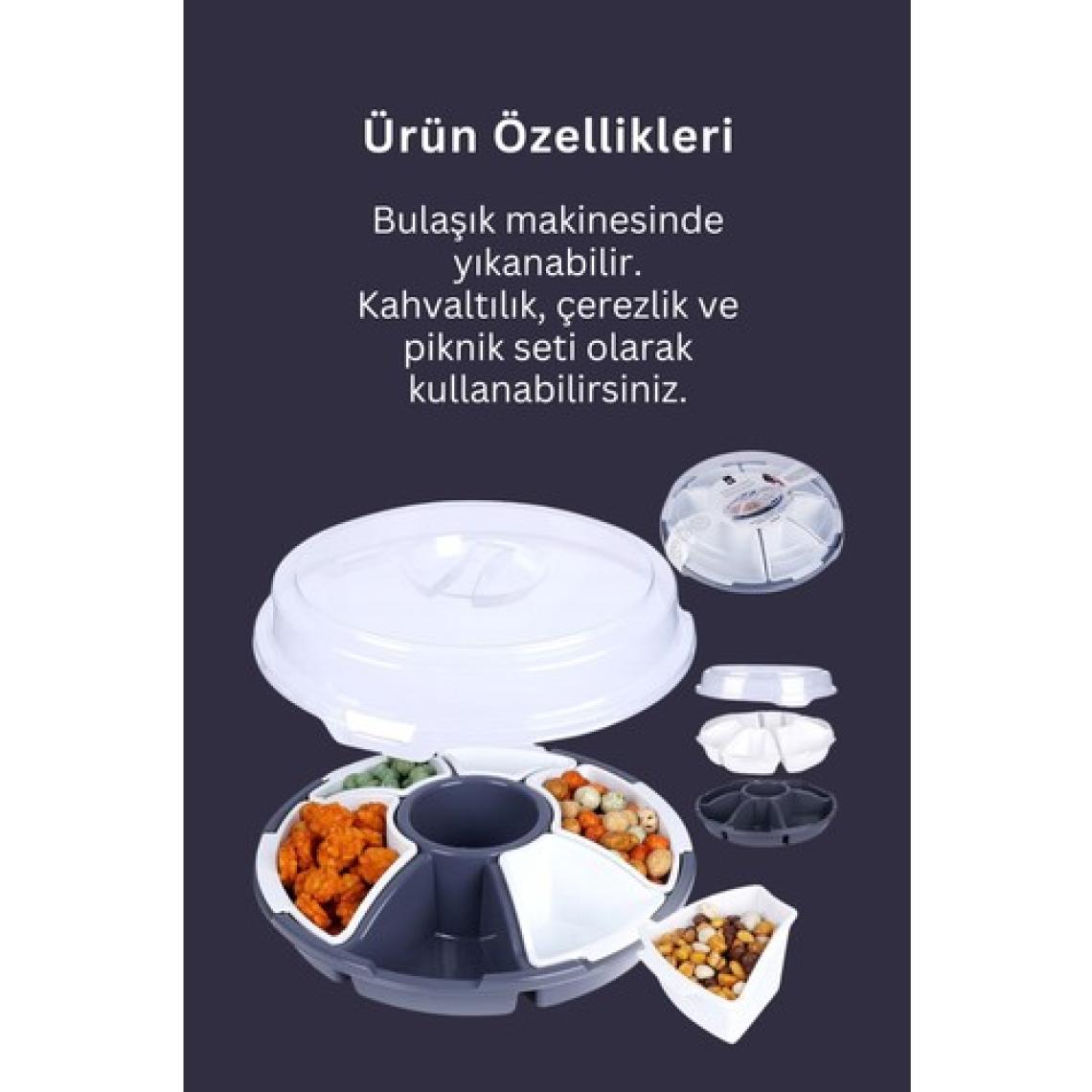 7 Bölmeli Çok Amaçlı Plastik Kahvaltılık Ve Çerezlik Seti Gri Renk-piknik Seti