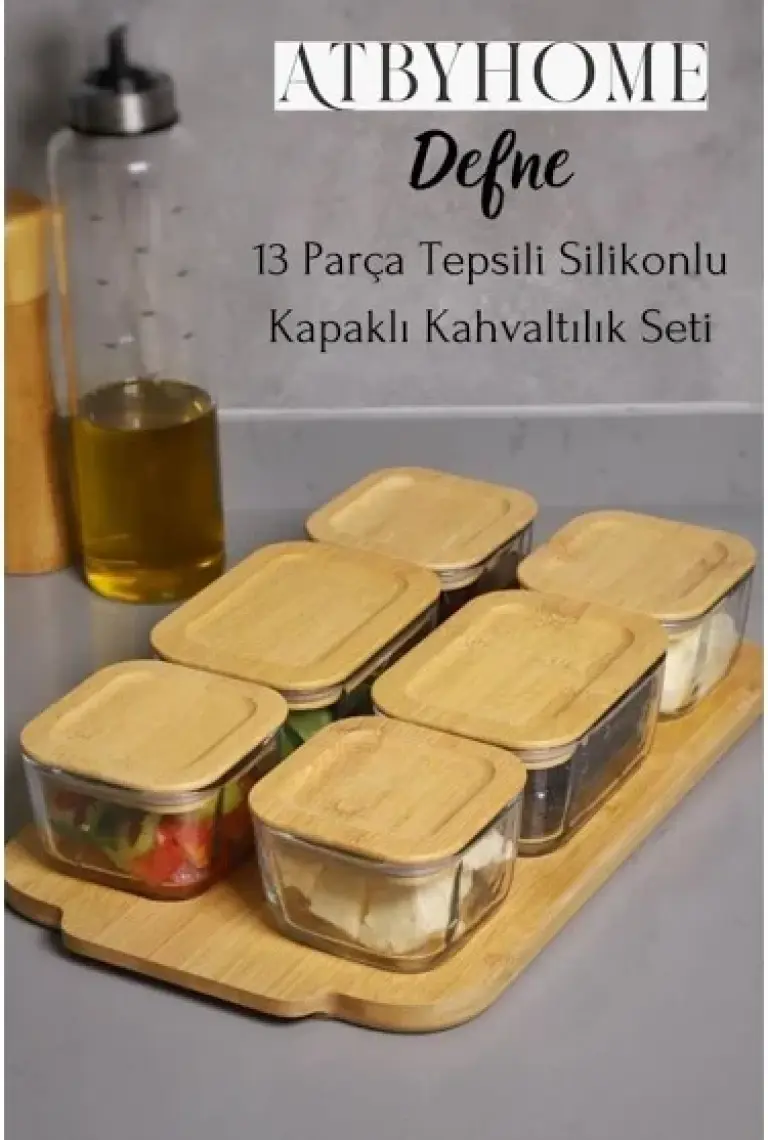 Atbyhome Defne 13 Parça Bambu Silikonlu Kapaklı Cam Kahvaltılık Seti Lüx Kahvaltı Takımı