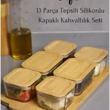 Atbyhome Defne 13 Parça Bambu Silikonlu Kapaklı Cam Kahvaltılık Seti Lüx Kahvaltı Takımı
