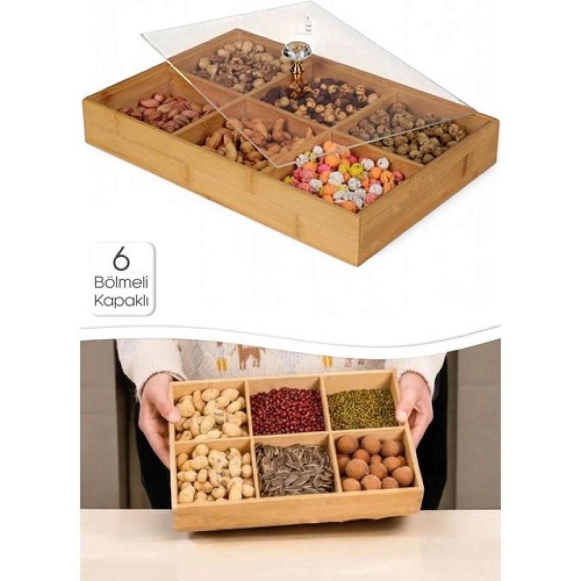 6 Bölmeli Bambu Çerezlik Şeffaf Akrilik Kapaklı Kahvaltı Sunumluk Saklama Kutusu Mutfak Organizer