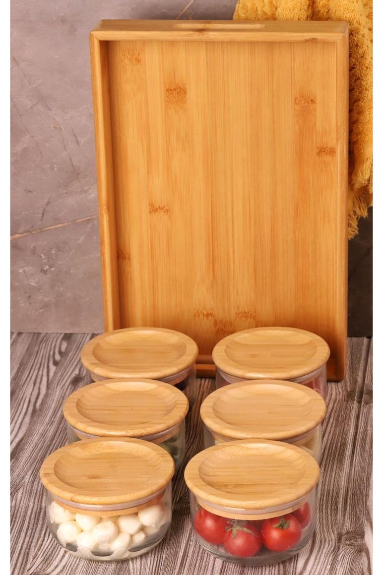 Duo 300 ml Silikonlu Bambu Kapaklı Cam Kahvaltılık Lüx Kahvaltılık Sunum Seti