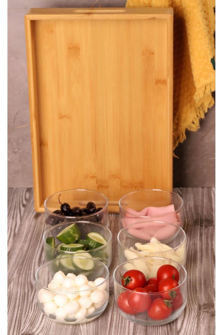 Duo 300 ml Silikonlu Bambu Kapaklı Cam Kahvaltılık Lüx Kahvaltılık Sunum Seti