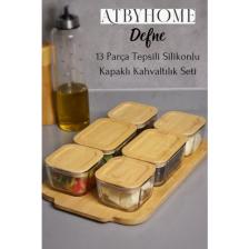Atbyhome Defne 13 Parça Bambu Silikonlu Kapaklı Cam Kahvaltılık Seti Lüx Kahvaltı Takımı