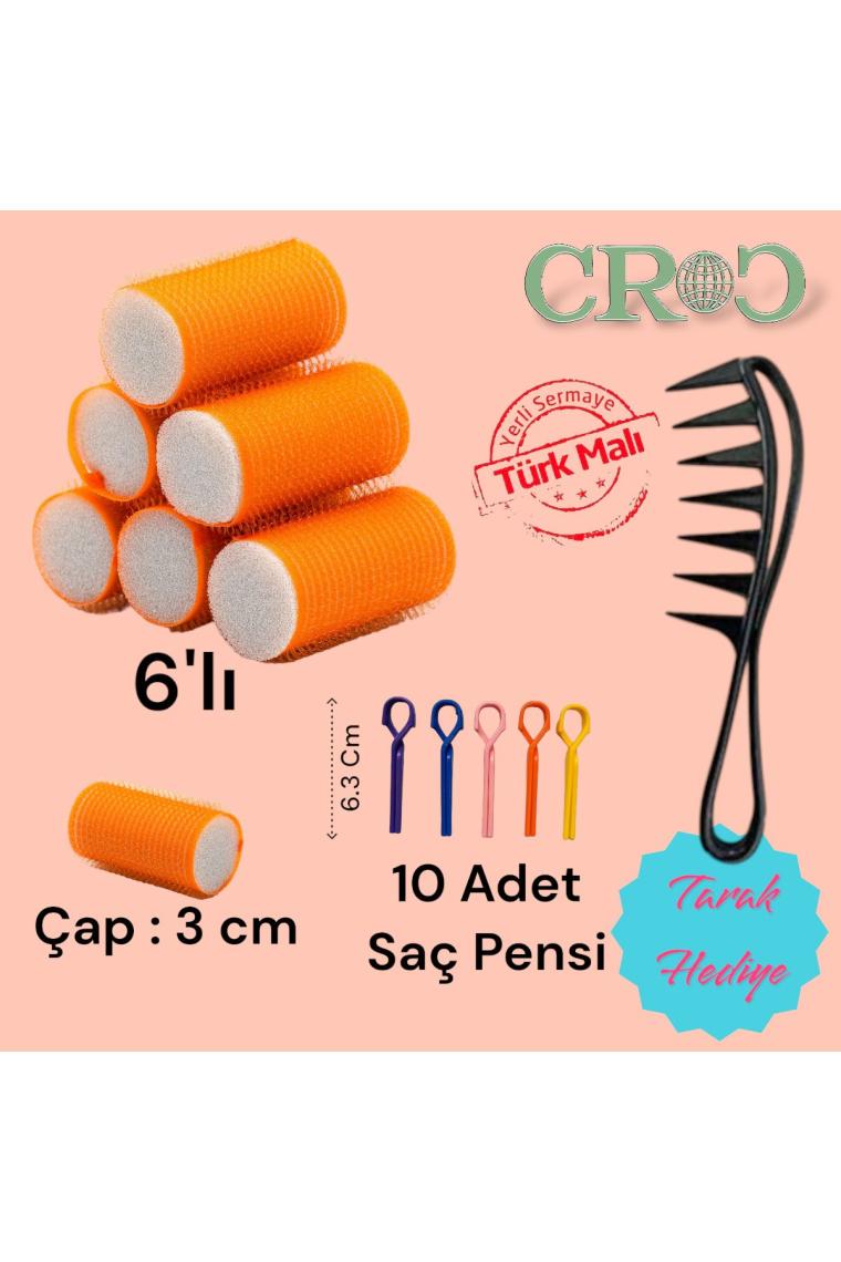 1224 Turuncu 6Lı Bigudi Çap:3Cm (+10Lu Saç Pensi) Cırtlı Saç Bigudisi