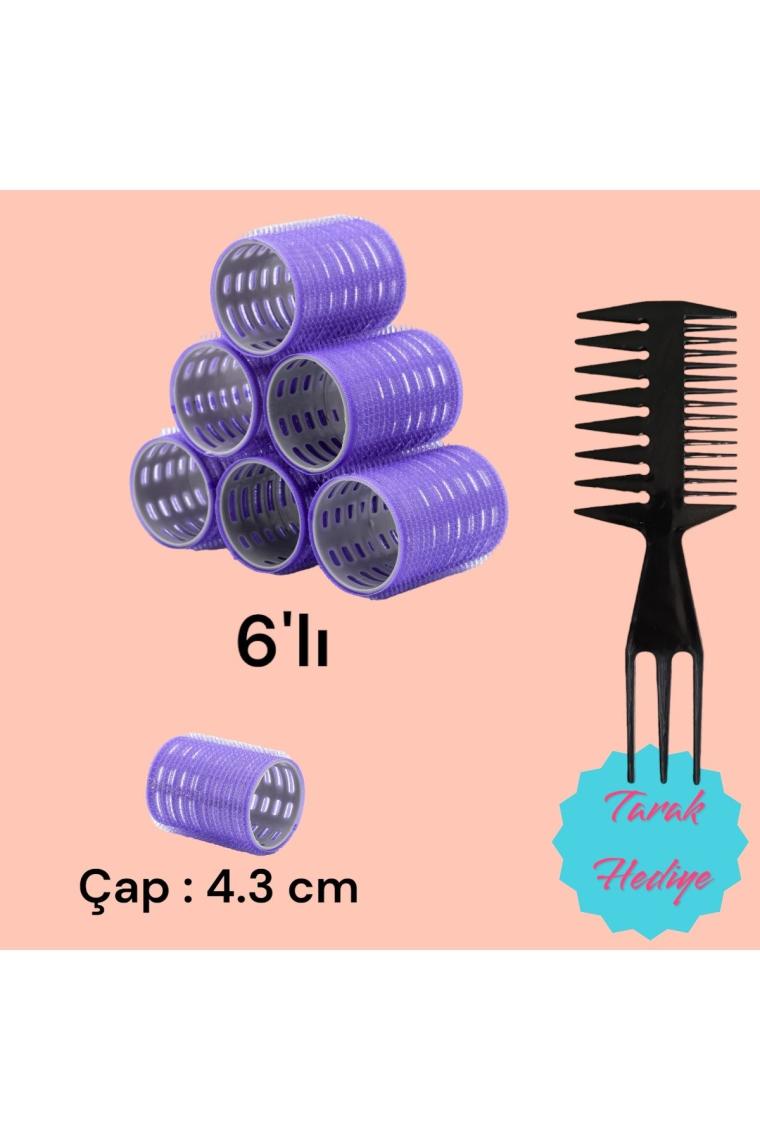 1215 Büyük Boy Bigudi 6lı Cırtlı - Yapışkanlı Saç Bigudisi Mor Çap: 4.5cm