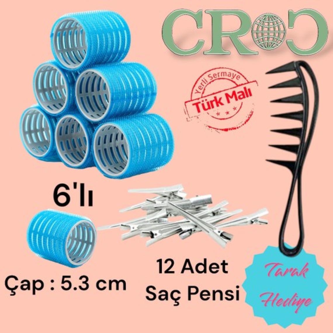 Croc Mega Boy Bigudi 6'lı + Saç Pensi 12'li Cırtlı Yapışkanlı Bigudi Mavi