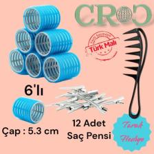 Croc Mega Boy Bigudi 6'lı + Saç Pensi 12'li Cırtlı Yapışkanlı Bigudi Mavi